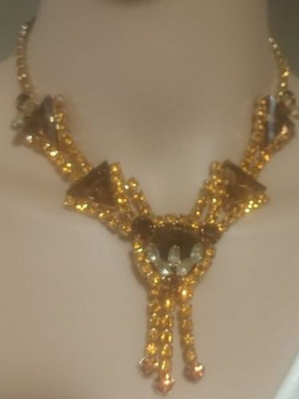 Vintage Unsigned Rhinestone Glass Necklace Topaz Amethyst Colors 16"